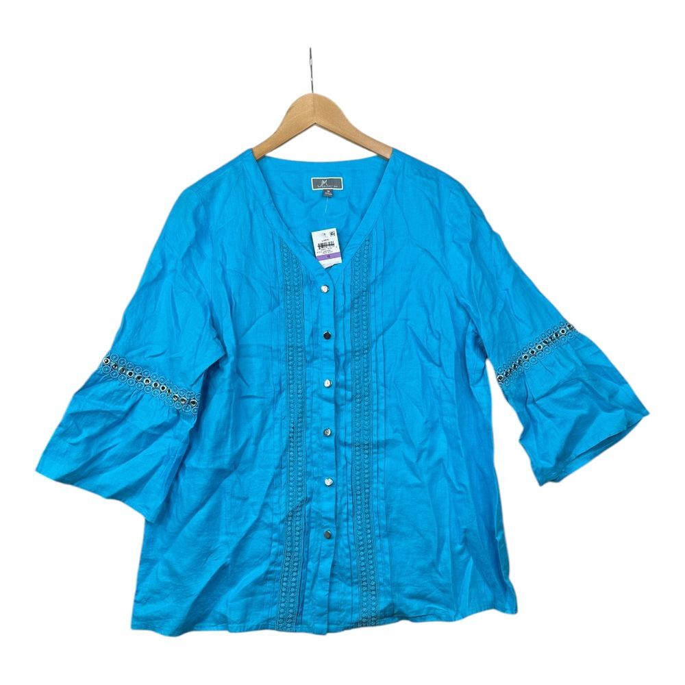 New‎ JM Collection 3/4 Sleeve 100% Linen Button Down Shirt size 18 Blue